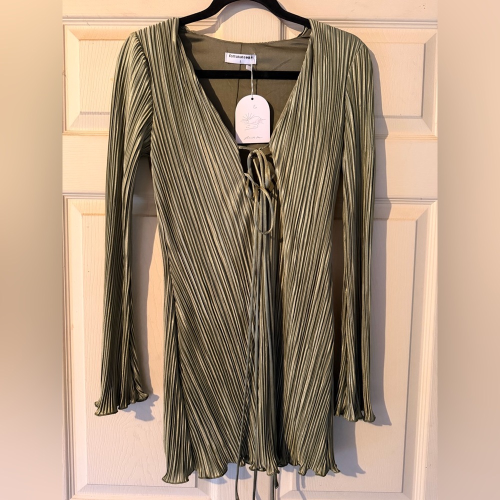 Fortunate One Olive Pleated Wrap Mini Dress | Size S | NWT
